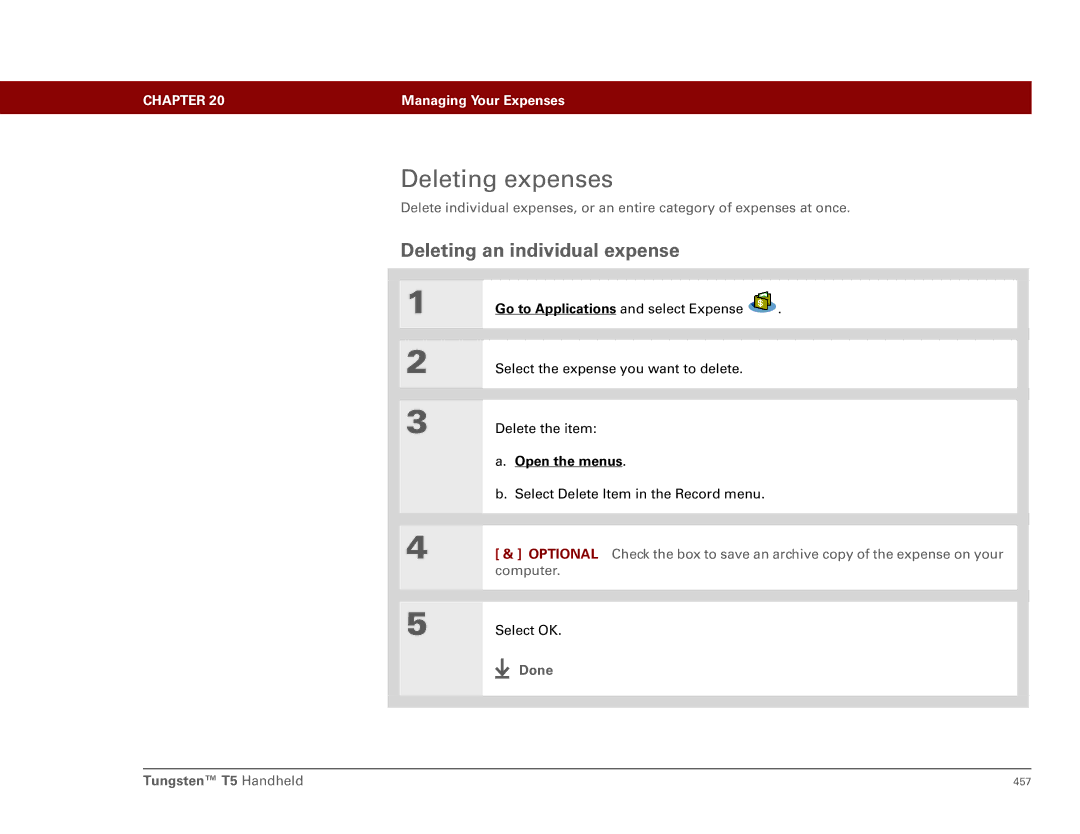 Palm Tungsten T5 manual Deleting expenses, Deleting an individual expense 