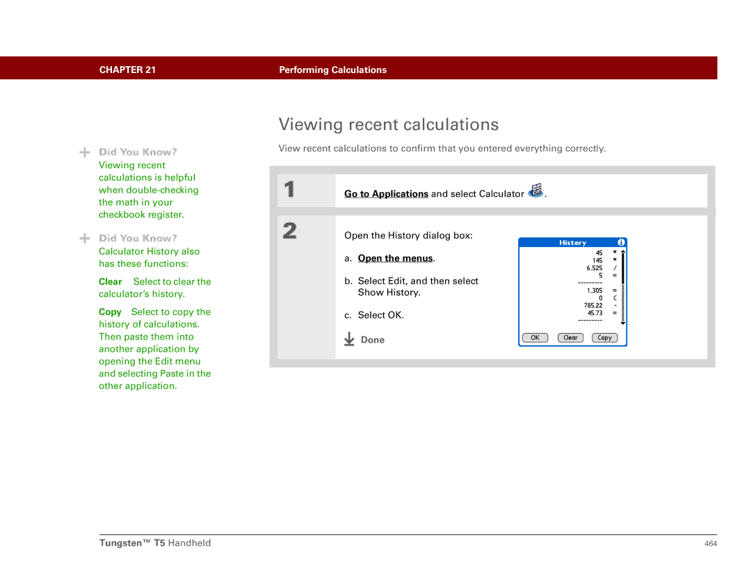 Palm manual Viewing recent calculations, Done Tungsten T5 Handheld 