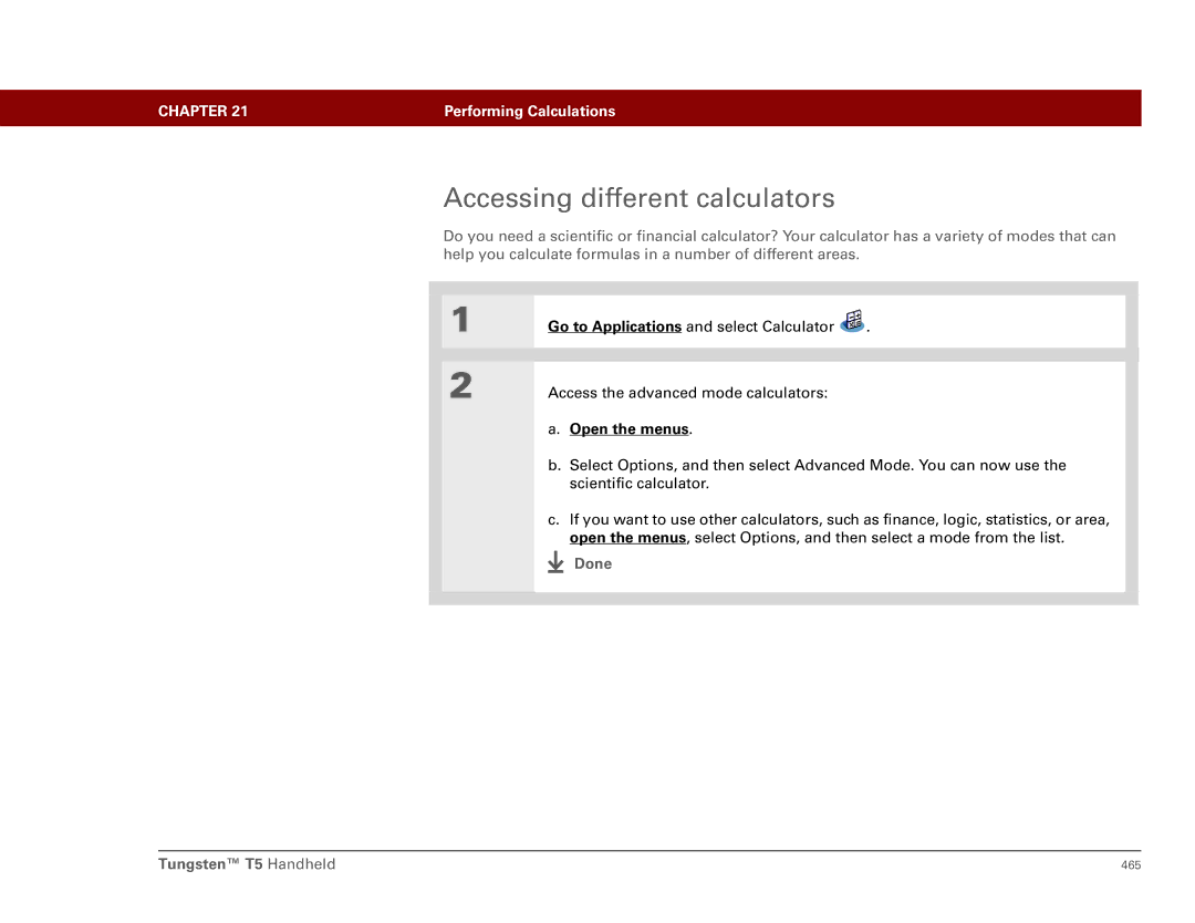 Palm Tungsten T5 manual Accessing different calculators 