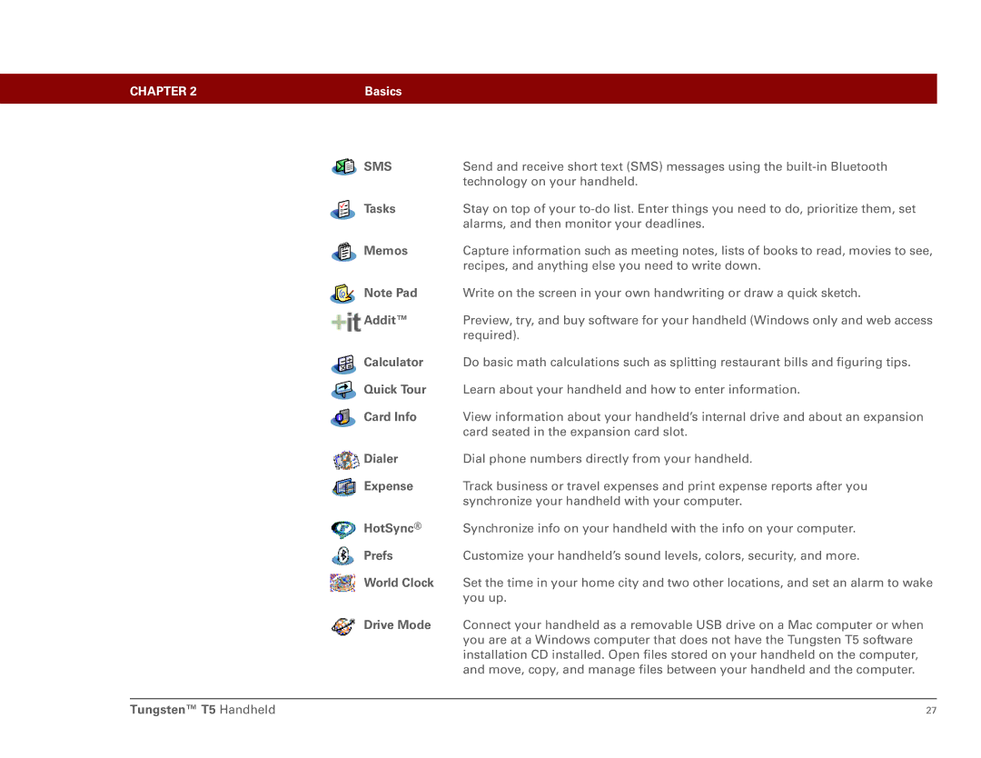 Palm Tungsten T5 Tasks, Addit, Calculator, Quick Tour, Card Info, Dialer, Expense, HotSync, Prefs, World Clock, Drive Mode 