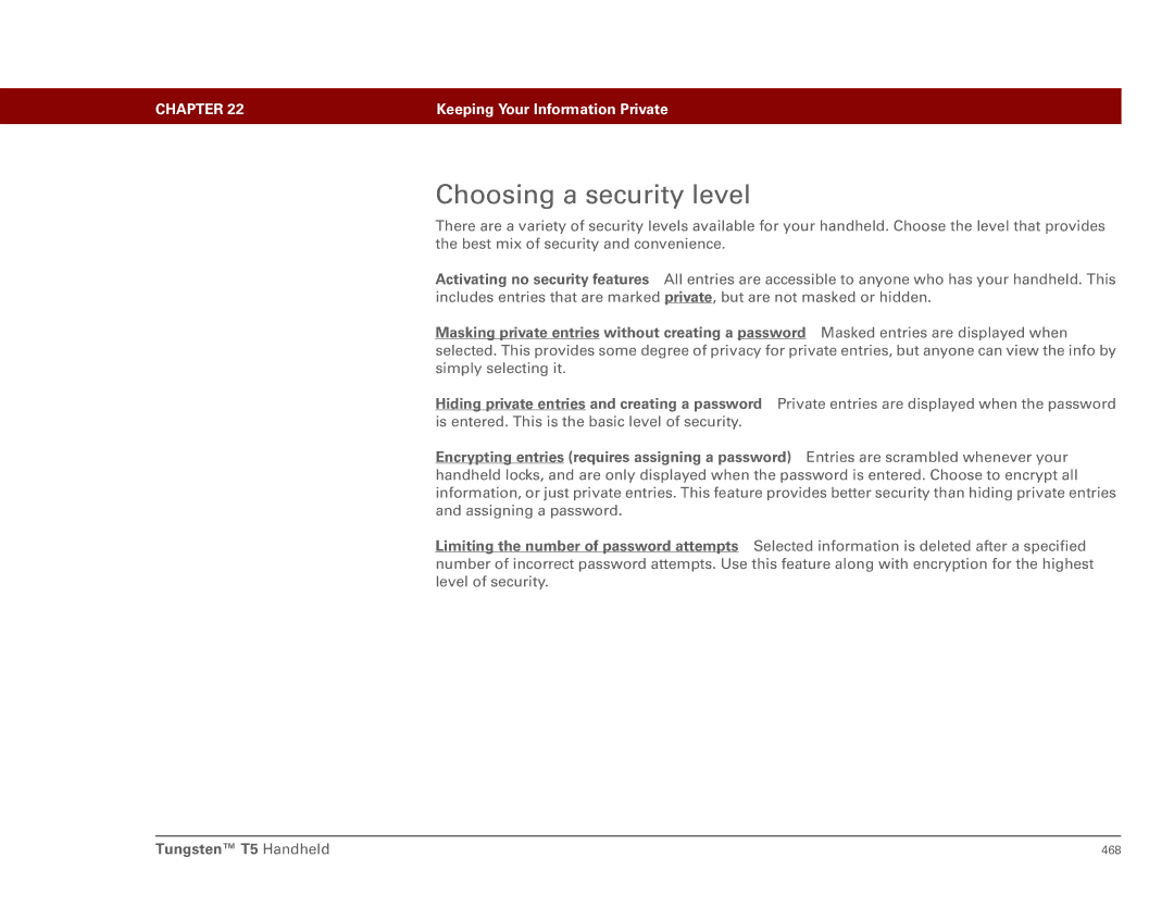 Palm Tungsten T5 manual Choosing a security level 