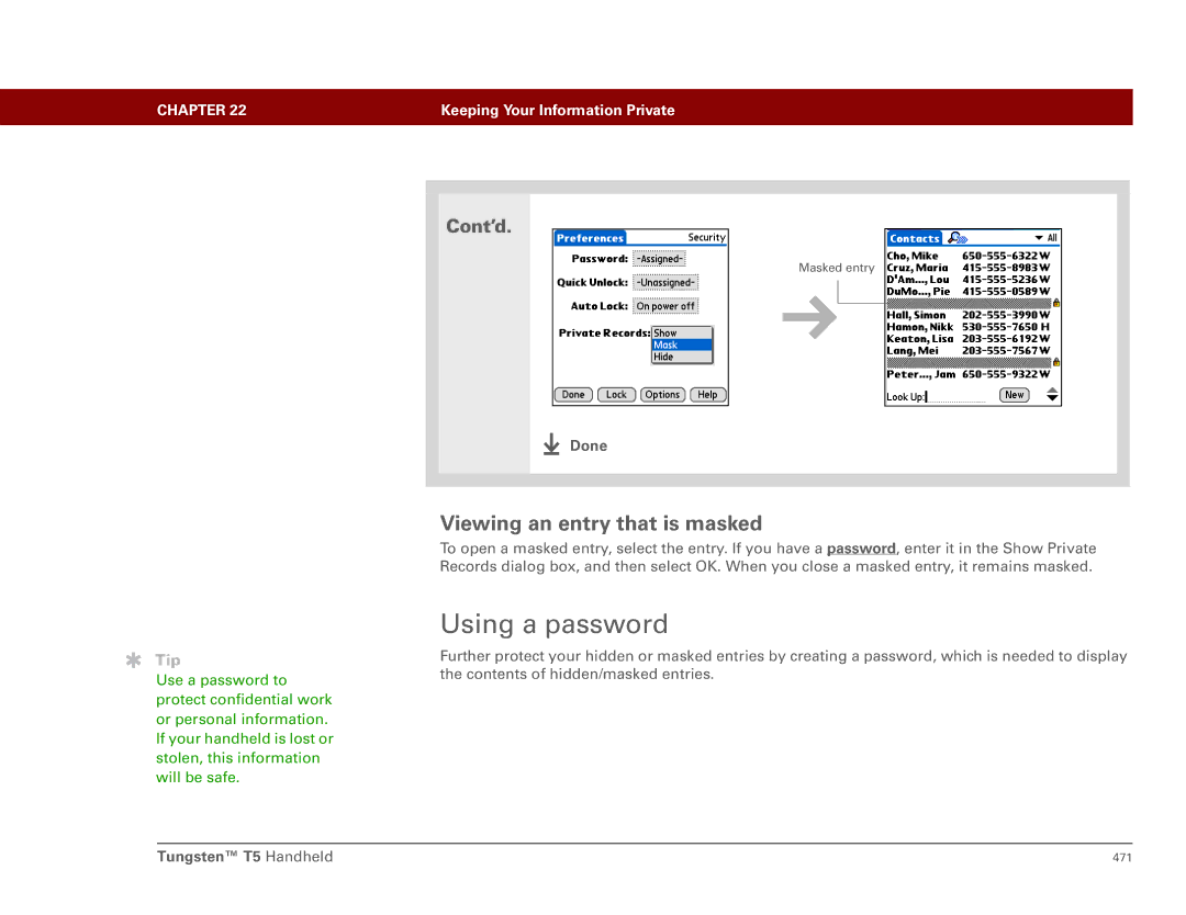 Palm Tungsten T5 manual Using a password, Viewing an entry that is masked 