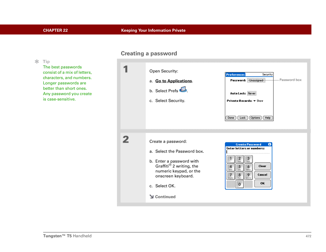 Palm Tungsten T5 manual Creating a password 