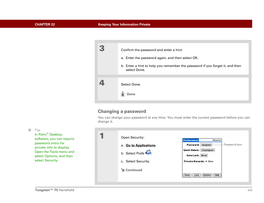 Palm Tungsten T5 manual Changing a password 