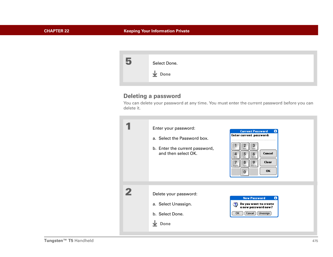 Palm manual Deleting a password, Done Tungsten T5 Handheld 