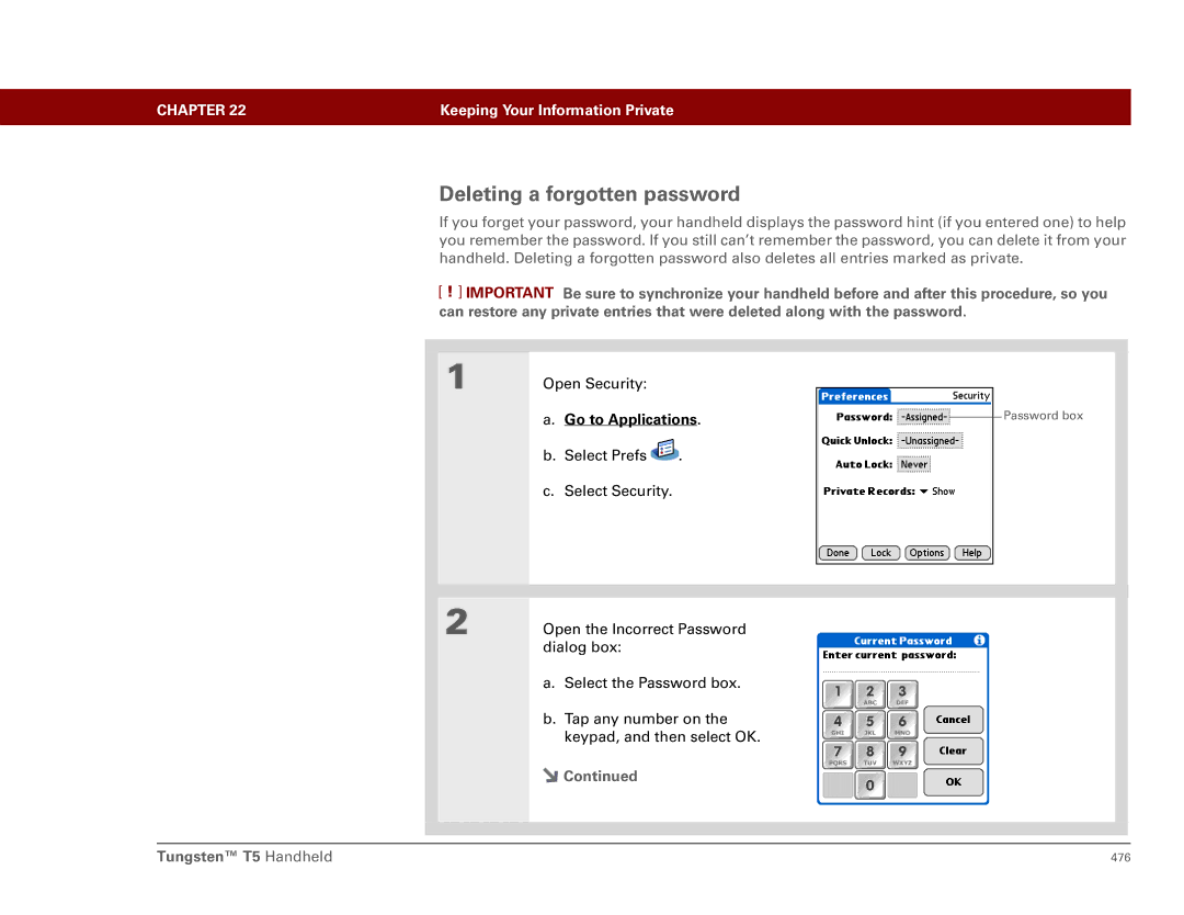 Palm Tungsten T5 manual Deleting a forgotten password 