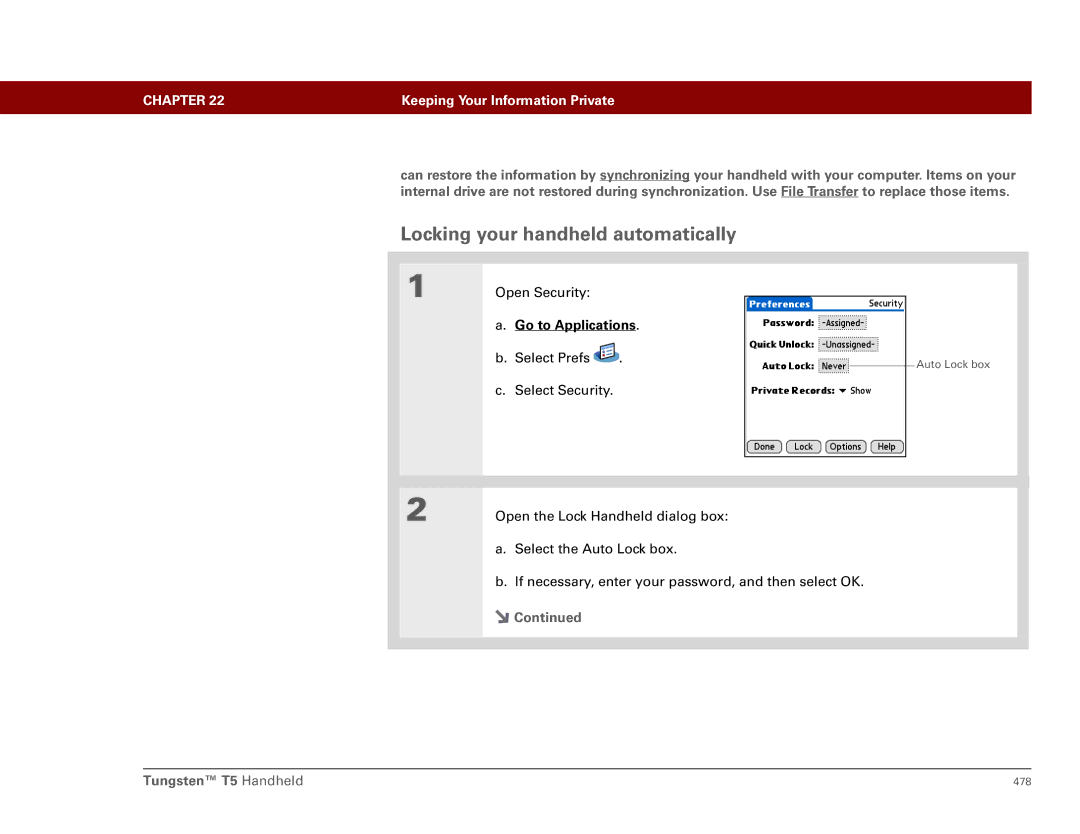 Palm Tungsten T5 manual Locking your handheld automatically 