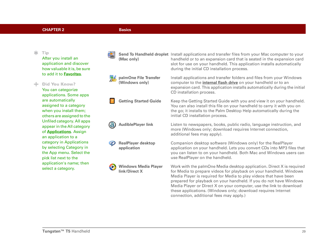 Palm Tungsten T5 manual PalmOne File Transfer, Windows only, Getting Started Guide, AudiblePlayer link, RealPlayer desktop 
