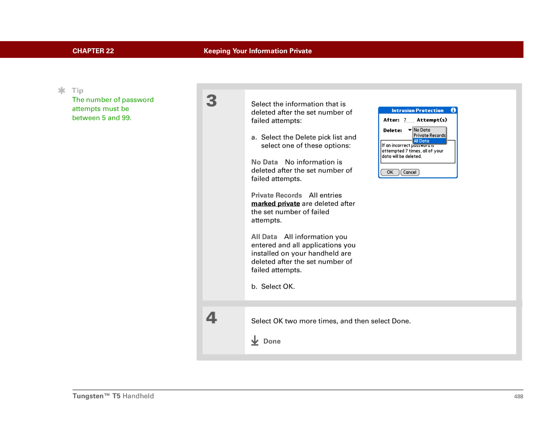 Palm Tungsten T5 manual Number of password attempts must be between 5 