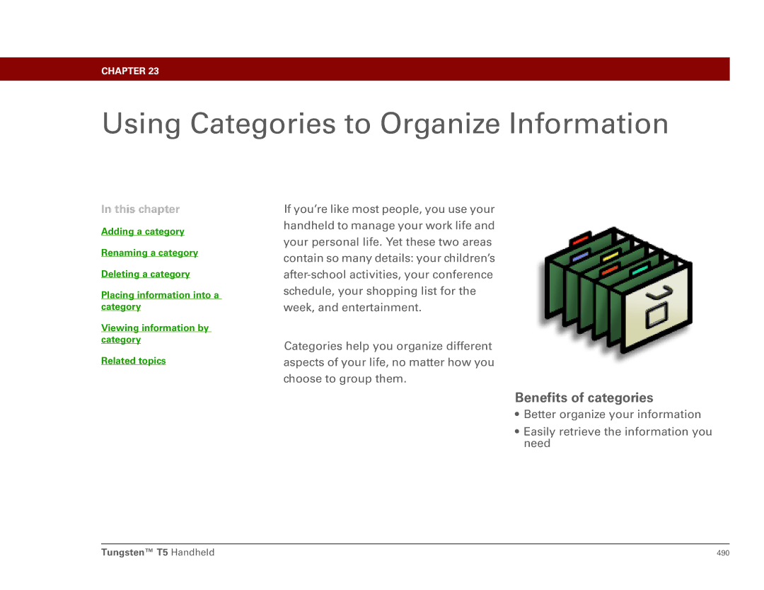 Palm Tungsten T5 manual Using Categories to Organize Information, Benefits of categories 