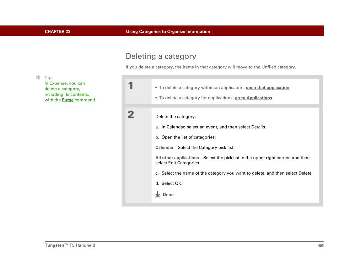 Palm Tungsten T5 manual Deleting a category 