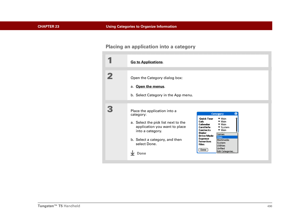 Palm Tungsten T5 manual Placing an application into a category 