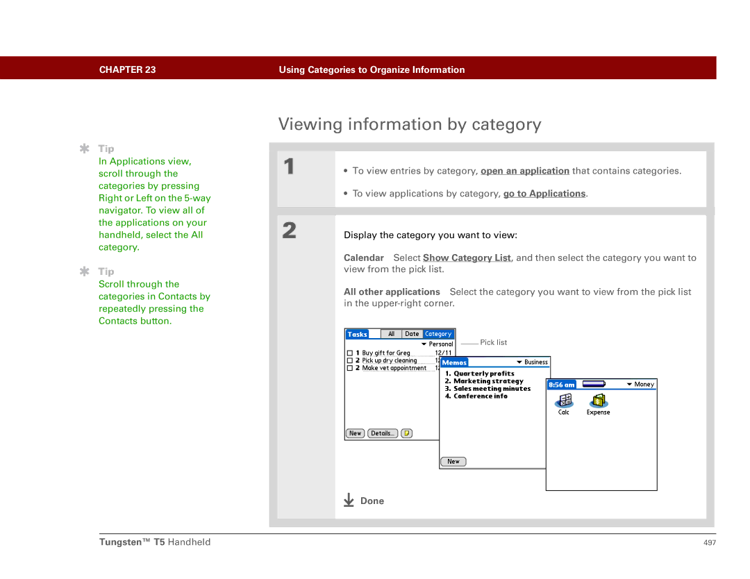 Palm Tungsten T5 manual Viewing information by category 