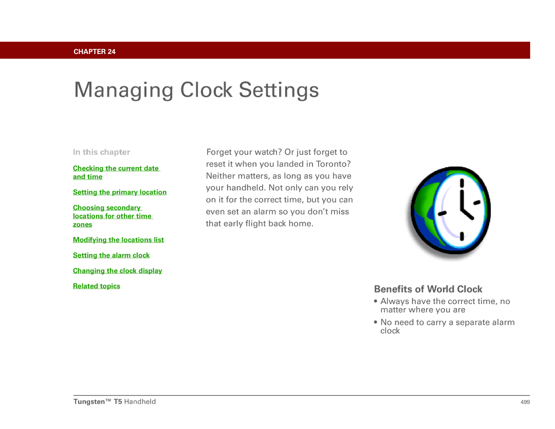 Palm Tungsten T5 manual Managing Clock Settings, Benefits of World Clock 