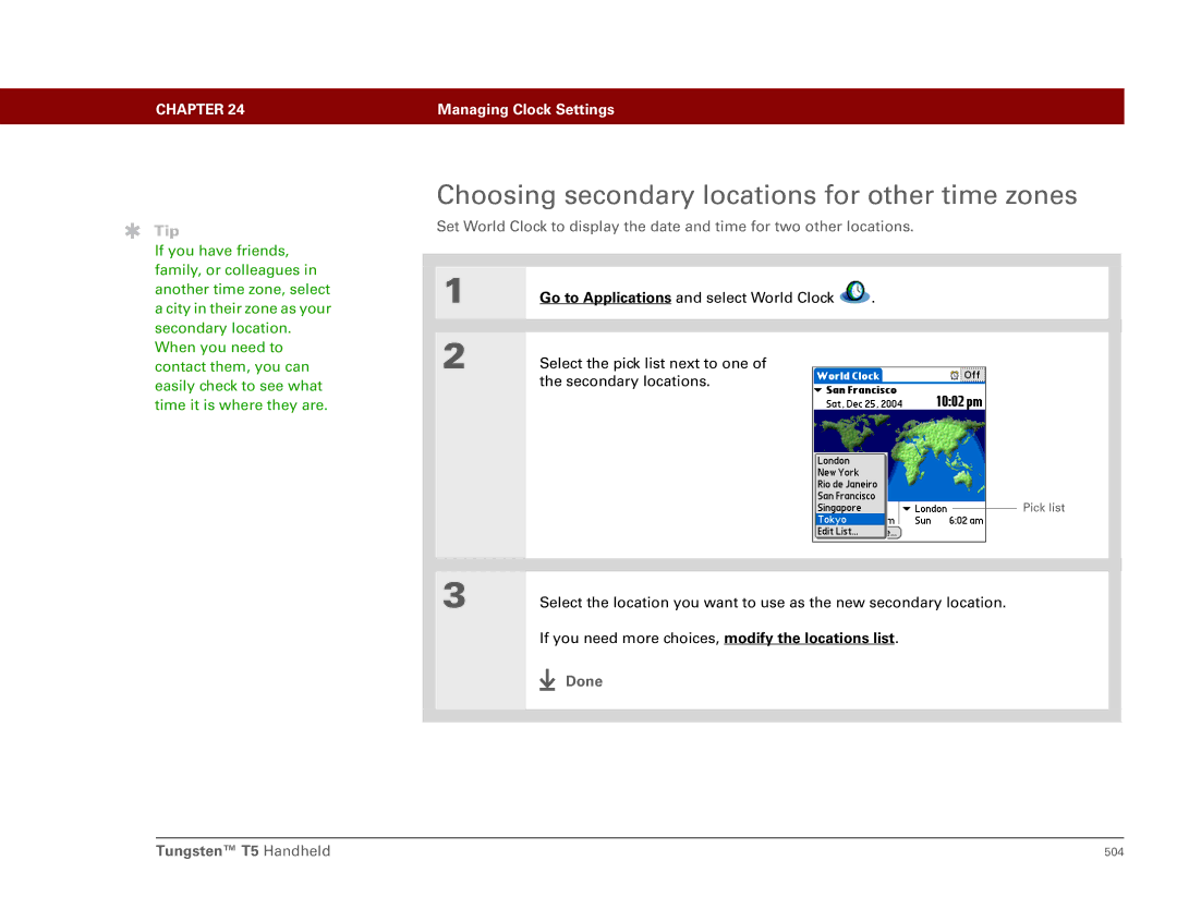 Palm manual Choosing secondary locations for other time zones, Done Tungsten T5 Handheld 