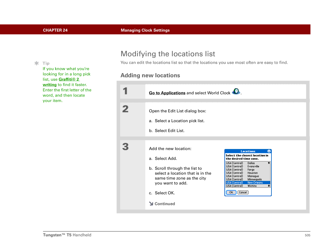 Palm Tungsten T5 manual Modifying the locations list, Adding new locations, List, use Graffiti 
