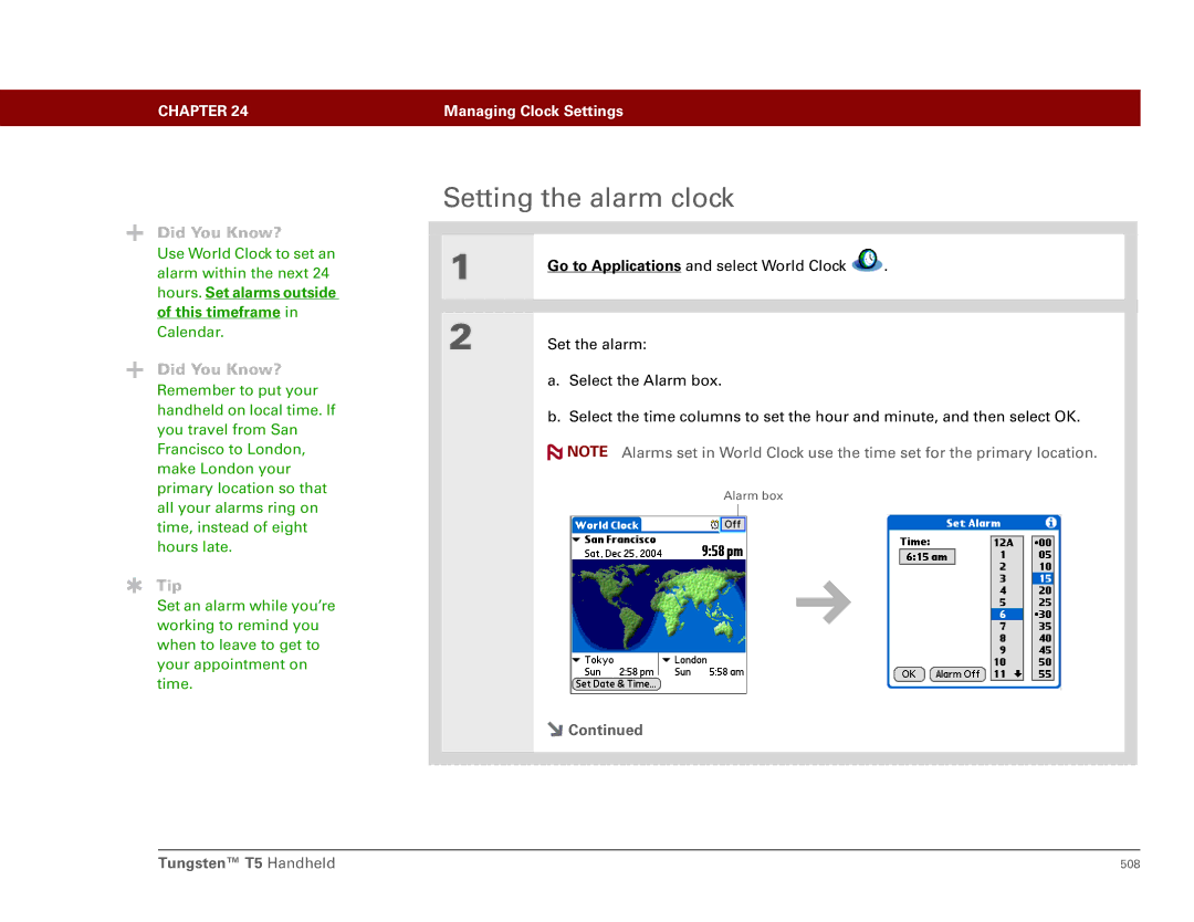 Palm Tungsten T5 manual Setting the alarm clock, Hours. Set alarms outside of this timeframe 