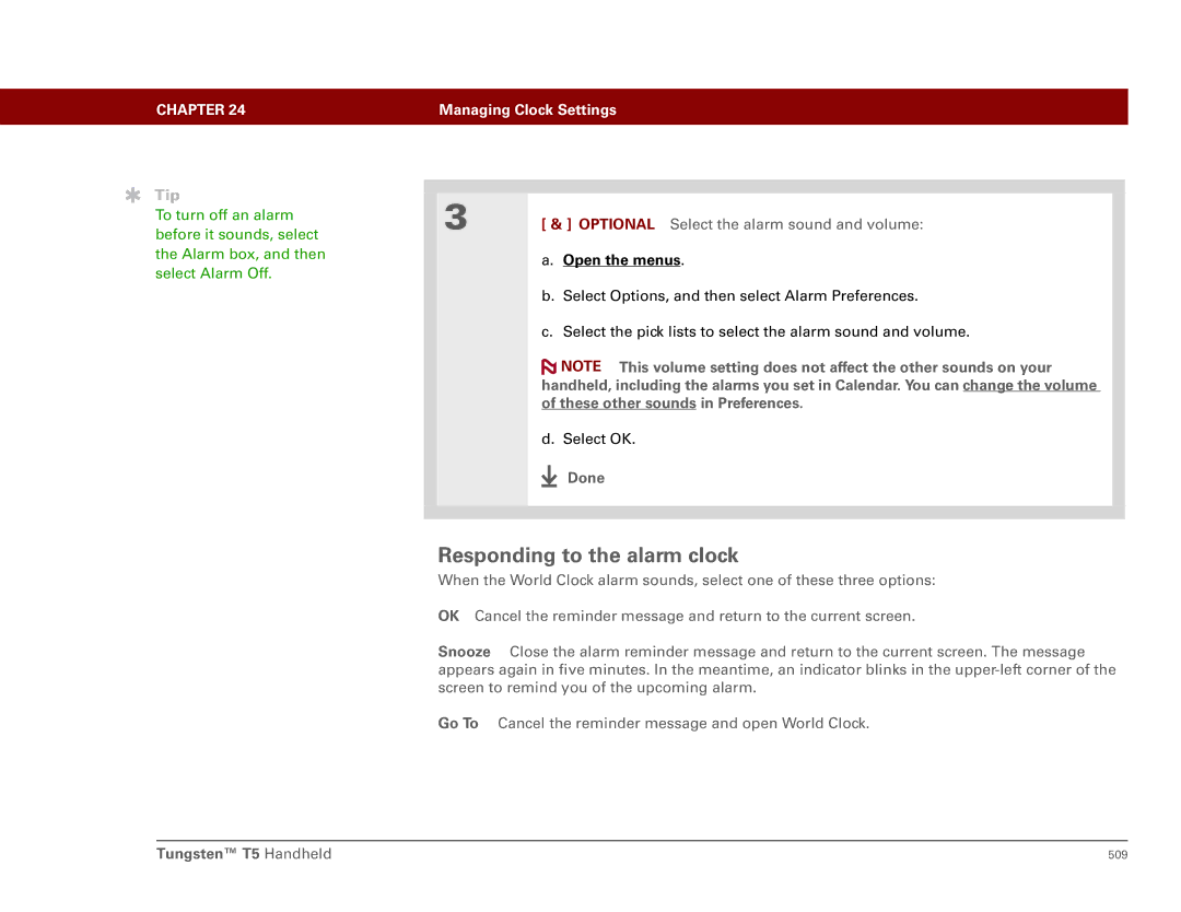 Palm Tungsten T5 manual Responding to the alarm clock 