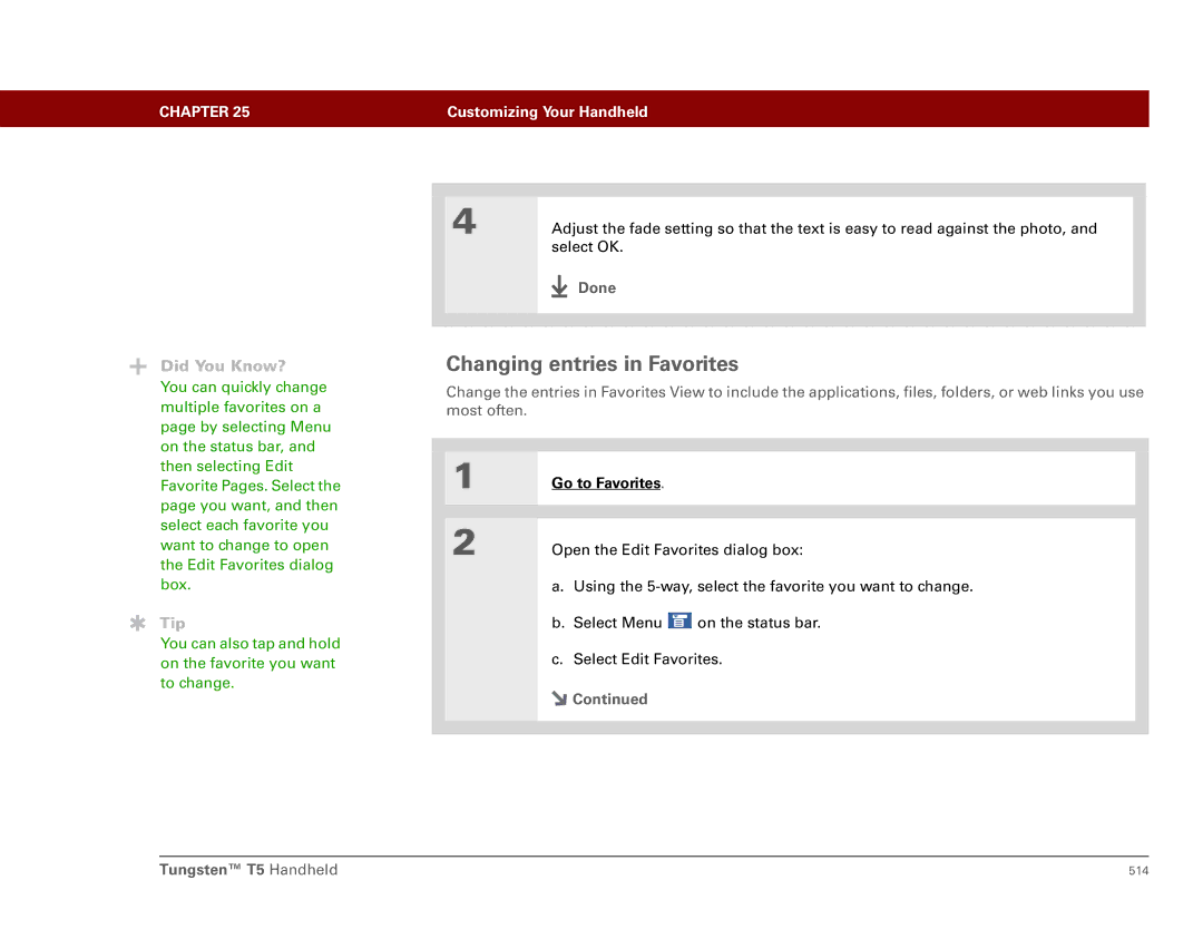 Palm Tungsten T5 manual Changing entries in Favorites, Done 