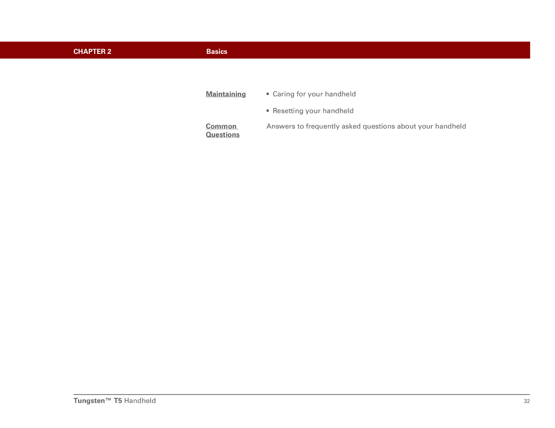 Palm Tungsten T5 manual Maintaining, Common 