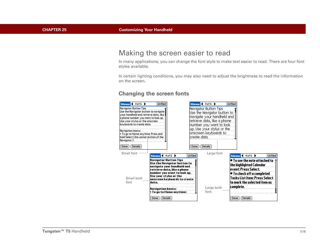 Palm Tungsten T5 manual Making the screen easier to read, Changing the screen fonts 