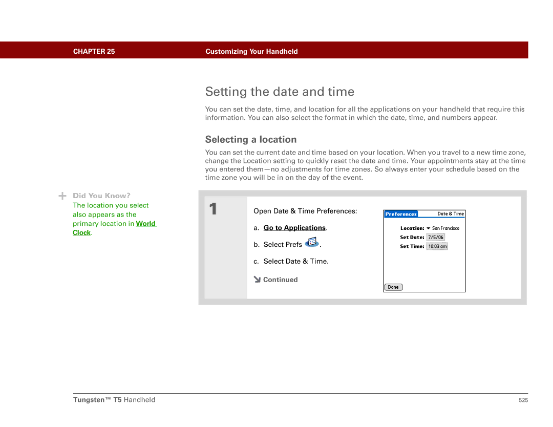 Palm Tungsten T5 manual Setting the date and time, Selecting a location, Clock 