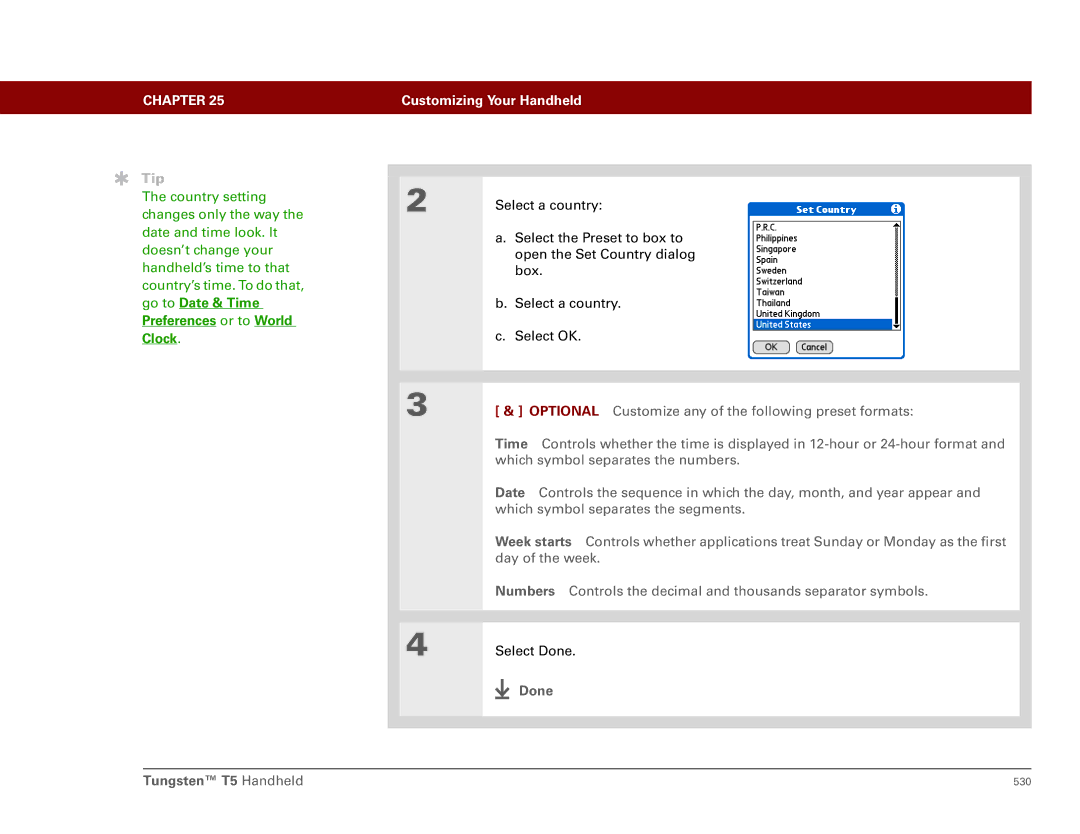Palm manual Go to Date & Time Preferences or to World Clock, Done Tungsten T5 Handheld 