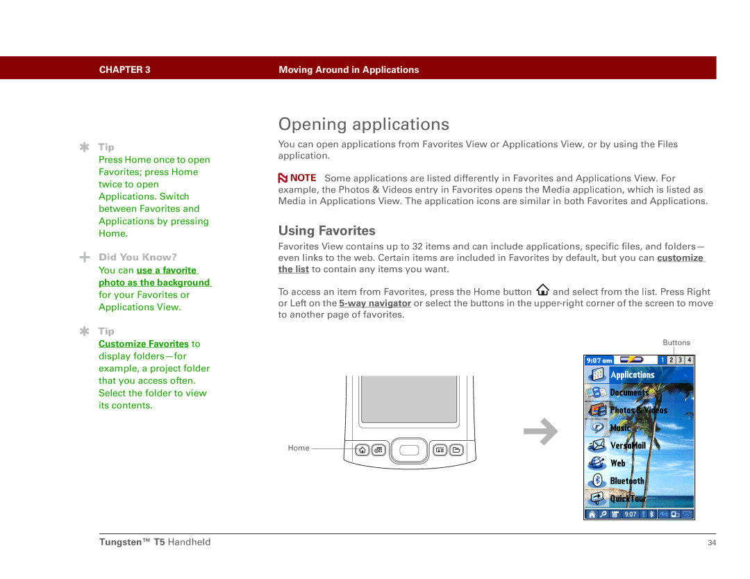Palm Tungsten T5 manual Opening applications, Using Favorites, You can use a favorite photo as the background 