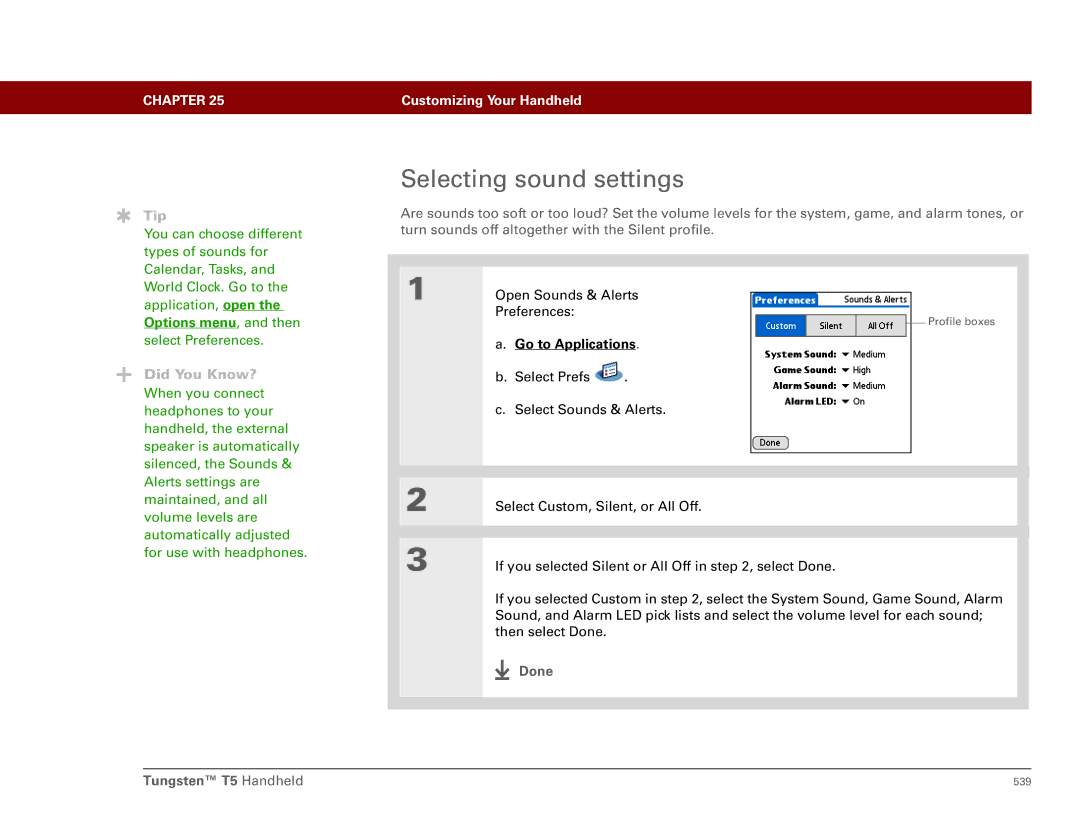 Palm Tungsten T5 manual Selecting sound settings, Options menu, and then 