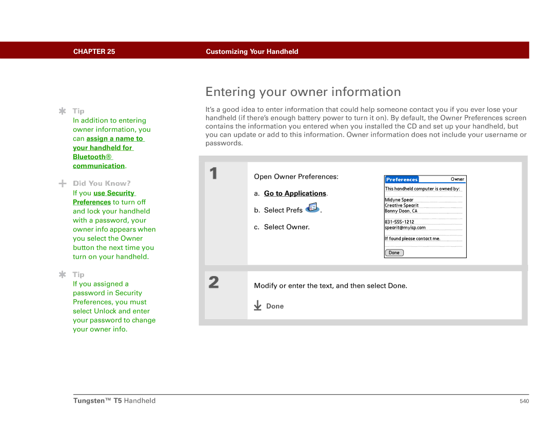 Palm Tungsten T5 manual Entering your owner information, If you use Security 