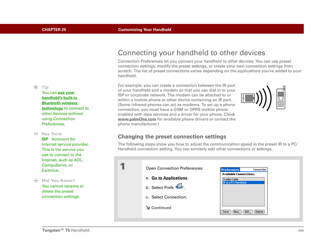 Palm Tungsten T5 manual Connecting your handheld to other devices, Changing the preset connection settings 