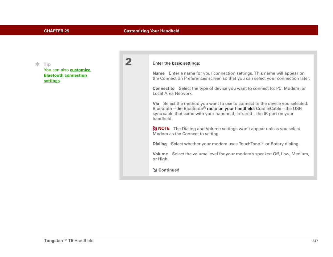 Palm Tungsten T5 manual Bluetooth connection, Settings 