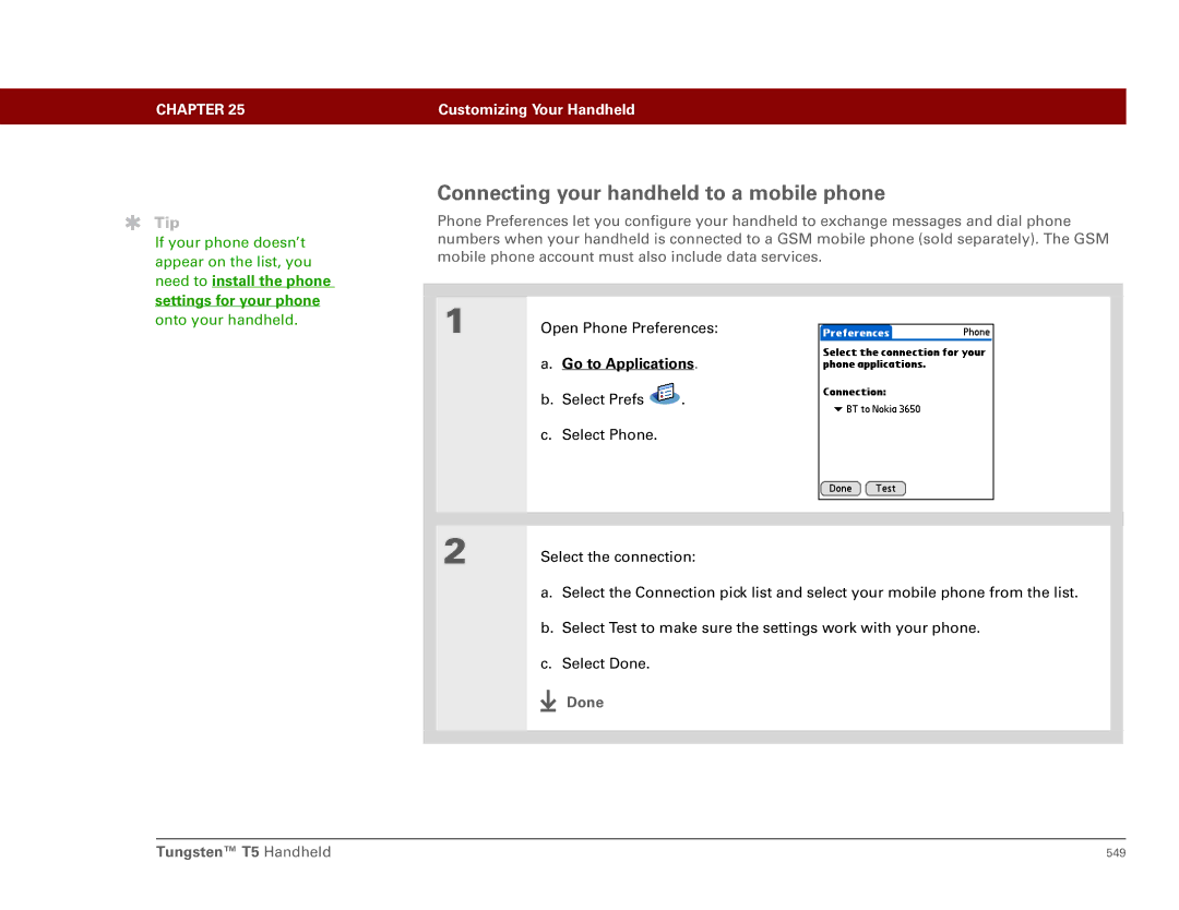 Palm Tungsten T5 manual Connecting your handheld to a mobile phone, Need to install the phone settings for your phone 