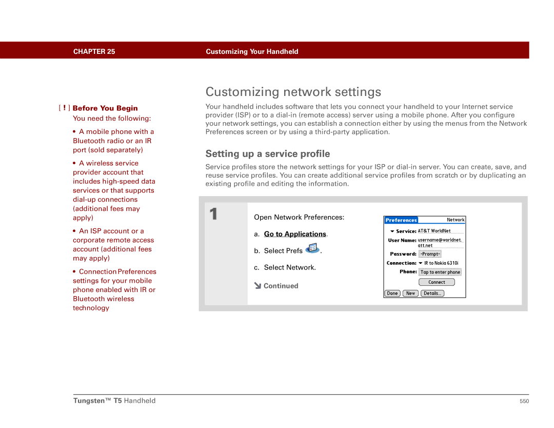 Palm Tungsten T5 manual Customizing network settings, Setting up a service profile 