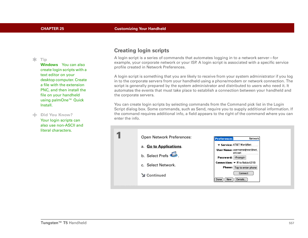 Palm Tungsten T5 manual Creating login scripts 