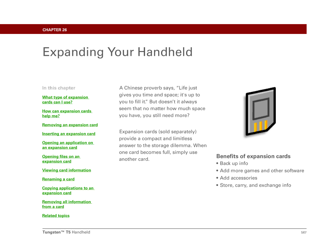 Palm Tungsten T5 manual Expanding Your Handheld, Benefits of expansion cards 