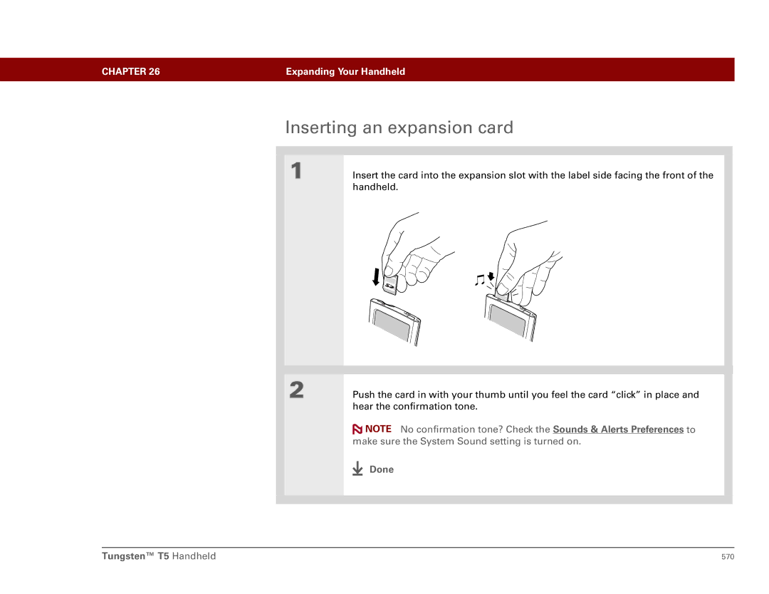 Palm manual Inserting an expansion card, Done Tungsten T5 Handheld 