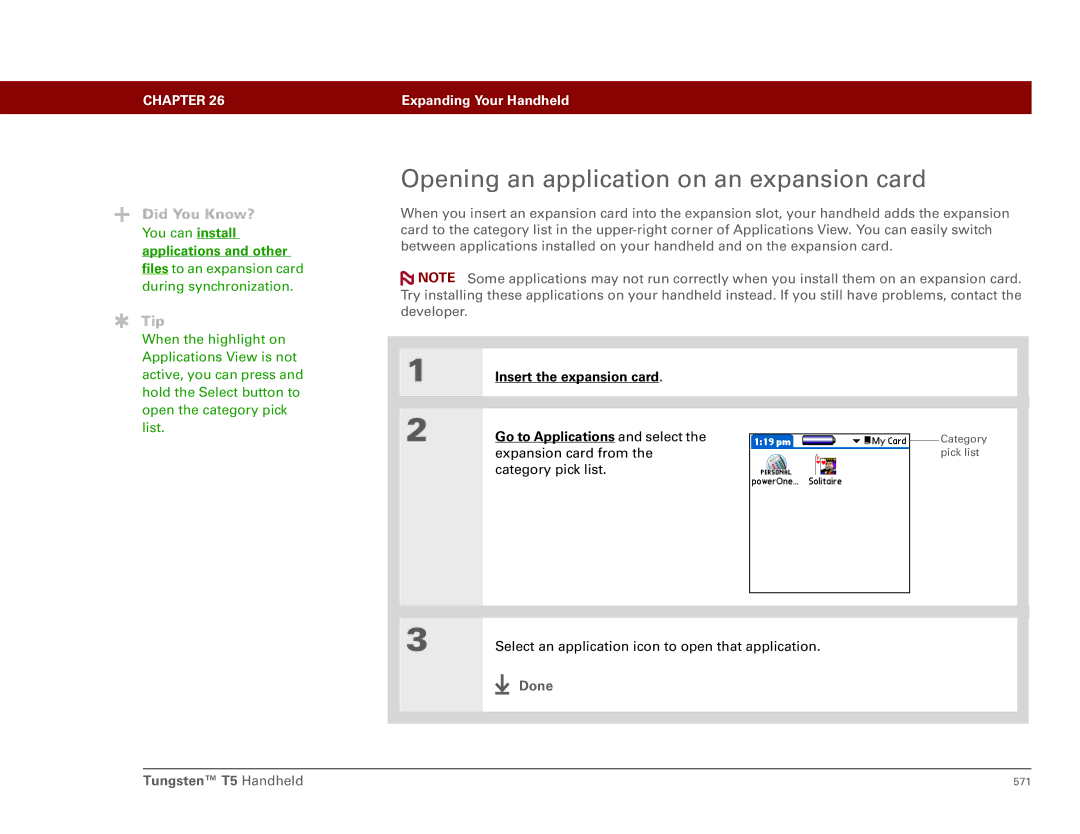 Palm Tungsten T5 Opening an application on an expansion card, Insert the expansion card Go to Applications and select 