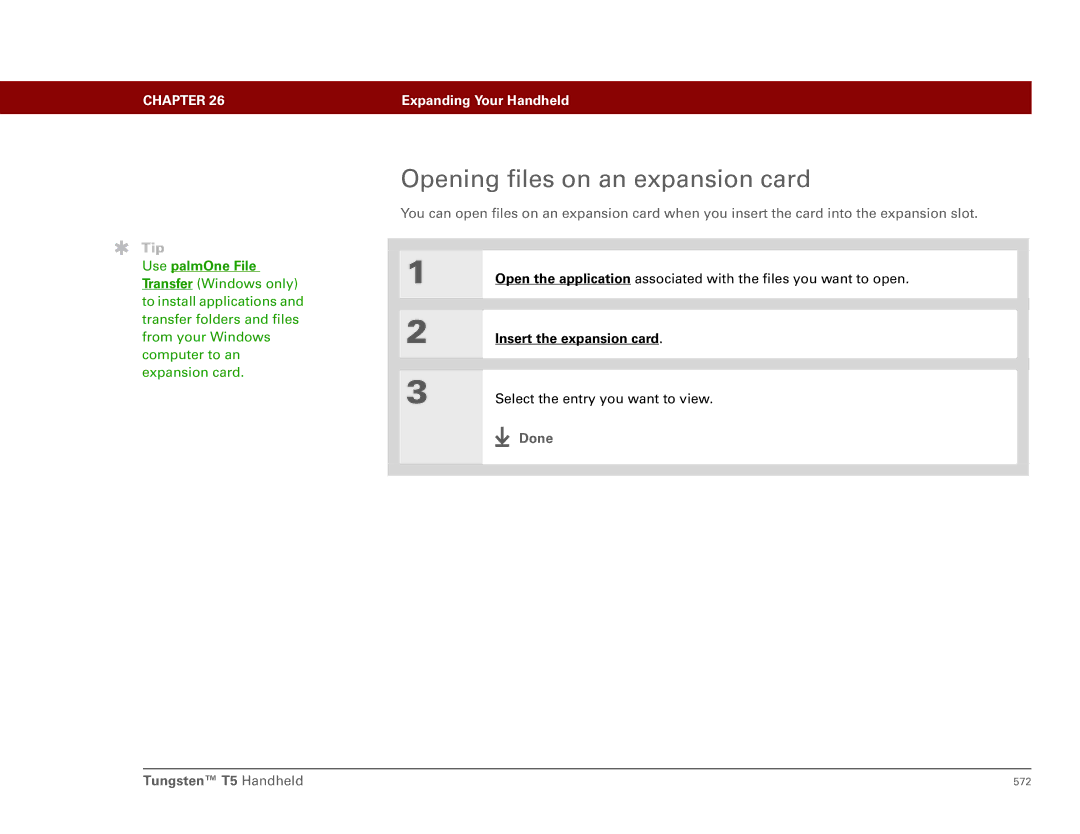 Palm Tungsten T5 manual Opening files on an expansion card, Use palmOne File 