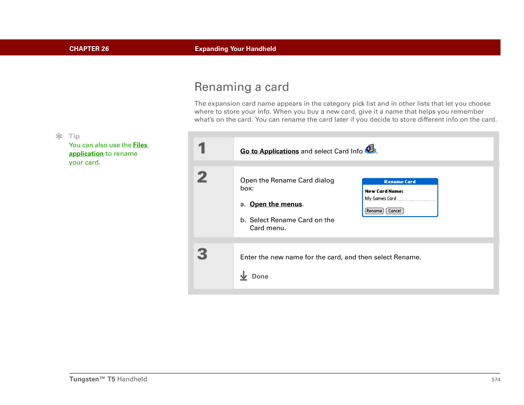 Palm Tungsten T5 manual Renaming a card, Application to rename 