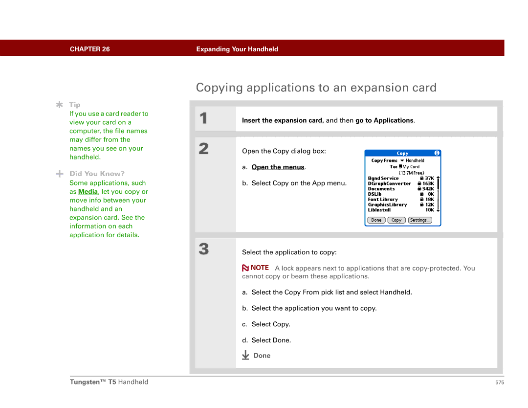 Palm Tungsten T5 manual Copying applications to an expansion card 