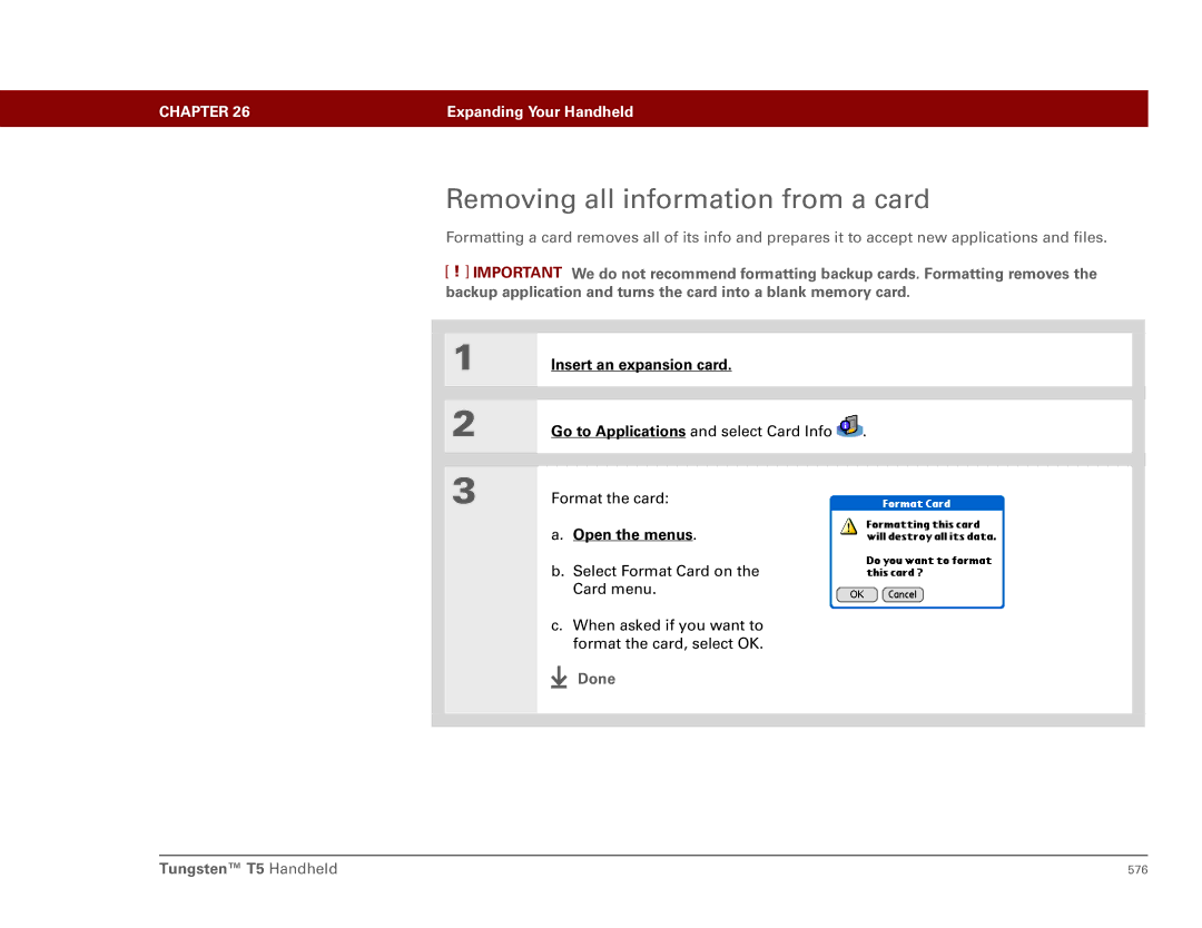 Palm Tungsten T5 manual Removing all information from a card 