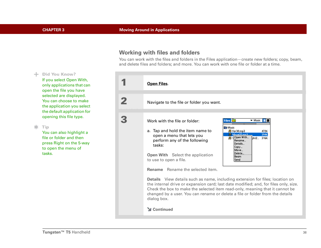 Palm Tungsten T5 manual Working with files and folders, Open Files 