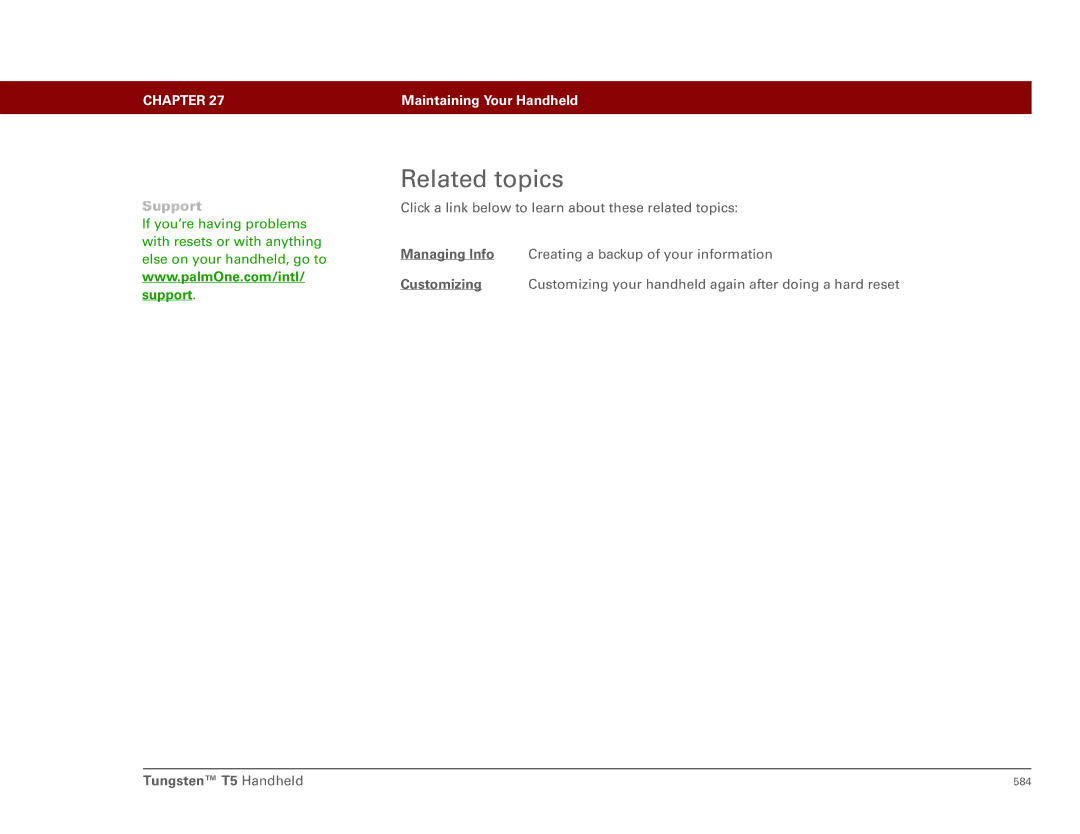 Palm Tungsten T5 manual Related topics, Support 