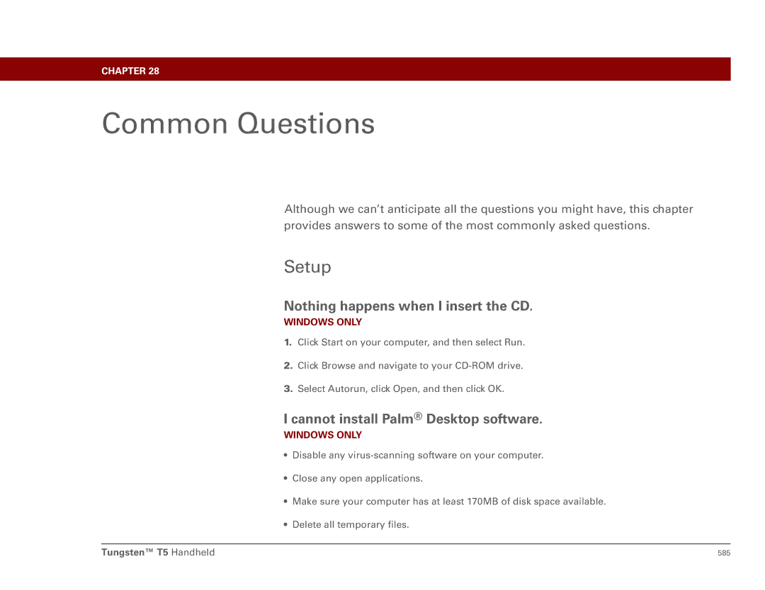 Palm Tungsten T5 manual Common Questions, Setup, Nothing happens when I insert the CD, Cannot install Palm Desktop software 