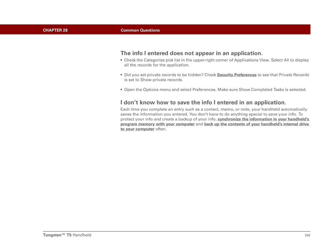 Palm Tungsten T5 manual Info I entered does not appear in an application 