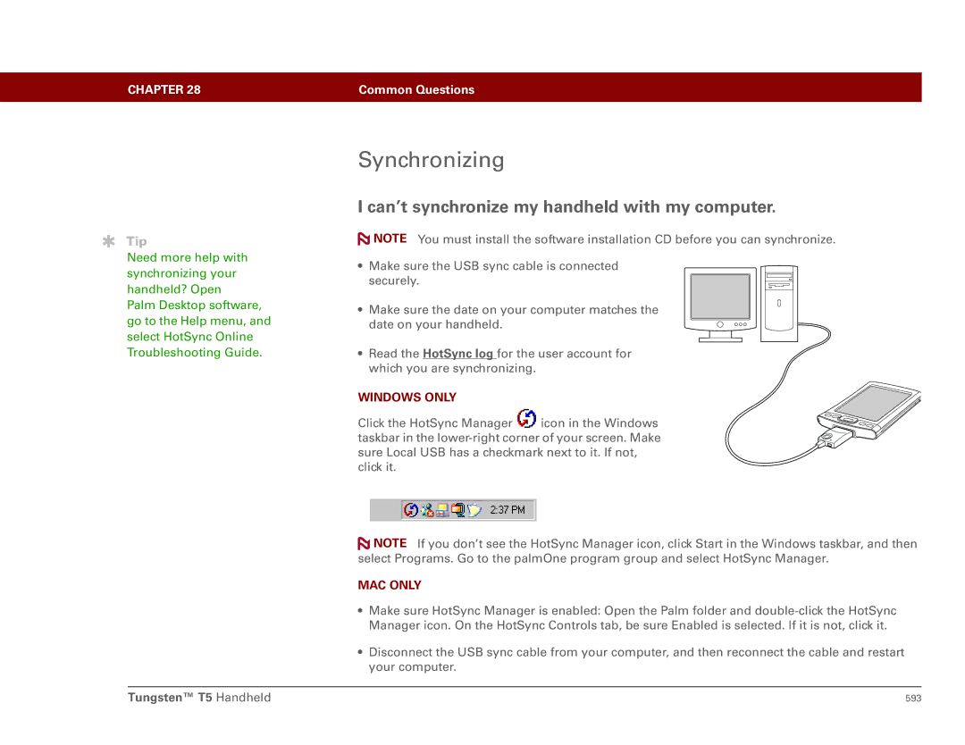 Palm Tungsten T5 manual Synchronizing, Can’t synchronize my handheld with my computer 