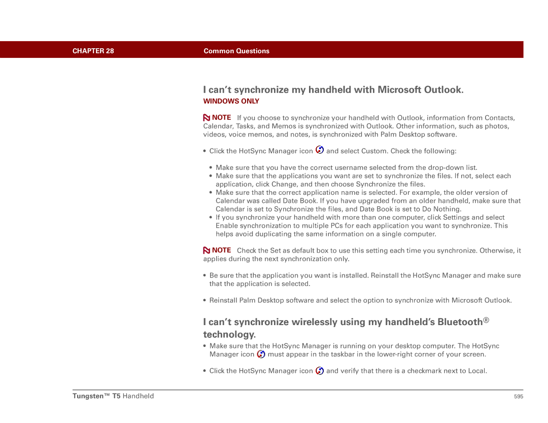 Palm Tungsten T5 manual Can’t synchronize my handheld with Microsoft Outlook 