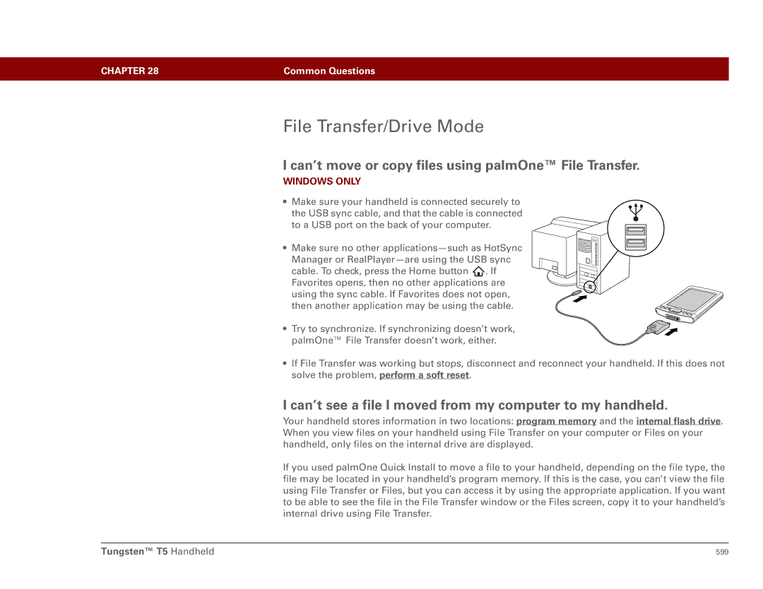 Palm Tungsten T5 manual File Transfer/Drive Mode, Can’t move or copy files using palmOne File Transfer 