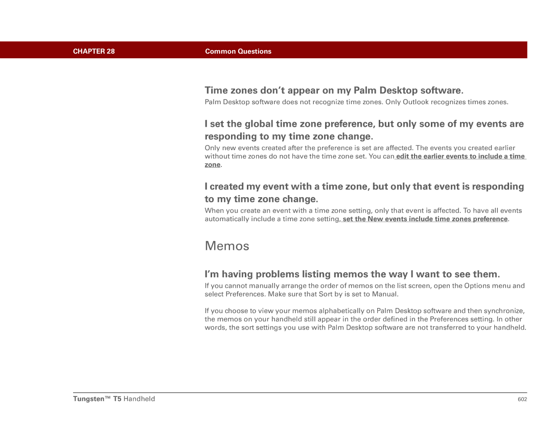 Palm Tungsten T5 manual Memos, Time zones don’t appear on my Palm Desktop software 